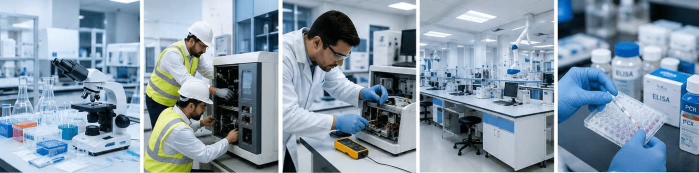 Laboratory equipment, installation, technical service, facility setup, and ELISA PCR testing